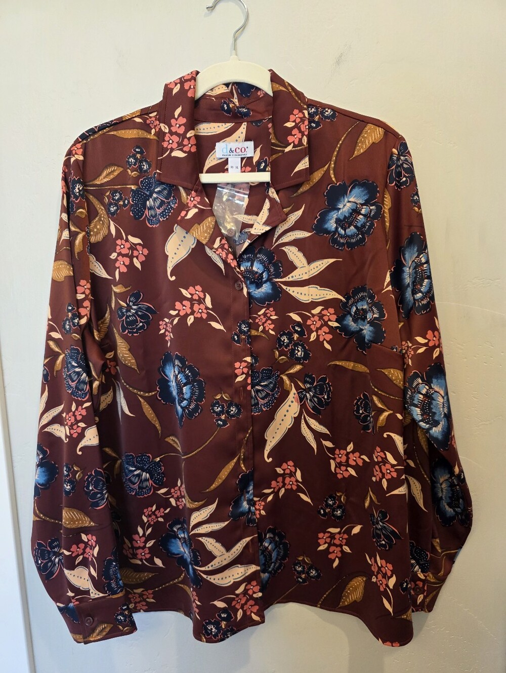 NWOT Denim & Co. Burgundy Floral Satin Notch Collar Button Blouse Top Size XL